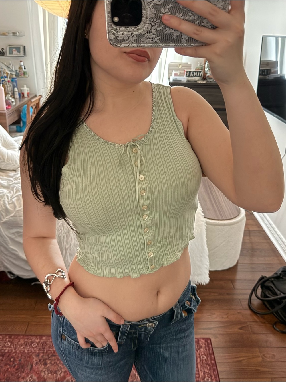 Light Sage Ribbed Button-Front Crop Tank Top